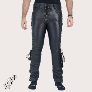 Men&#39;s Genuine Leather Lace-Up Pants | Handmade Black Leather Biker Pants | Durable Rocker Motorcycle Pants for Festivals, Concerts Fashion