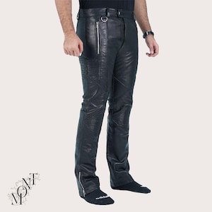 Men’s Black Genuine Leather Motorcycle Pants – Handmade Biker Style Trouser with Zippers & Ribbed Detailing – Durable Slim Fit Leather Pants