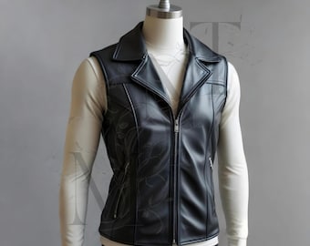 Men’s Black Genuine Leather Sleeveless Vest | Handmade Real Leather Biker Vest with Zip | Durable Motorcycle Style Leather Waistcoat for Men