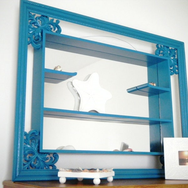 Teal Blue Wall Syroco Mirror and Shelf Combo Shabby Chic, Beach House Decor