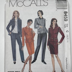 May include: McCall's sewing pattern with illustrations of women's suits. The pattern includes various suit styles, such as a blazer and trousers, a skirt suit, and a patterned jacket with trousers. The pattern size is C (10,12,14).