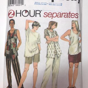 May include: Simplicity sewing pattern for 2-hour separates. The package features illustrations of four different outfits, including tops, shorts, and pants. The pattern includes sizes 18W-24W, 44-50, and FR 46-52. The package has the text "FINAL SALE - NO RETURNS".