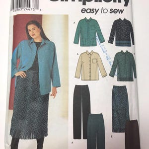 May include: Simplicity pattern 471, showing a woman in a blue jacket and patterned skirt. The pattern offers options for jackets, shirts, trousers, and a skirt. The words "easy to sew" are printed on the package.