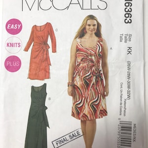May include: McCall's sewing pattern for a dress, size KK (26W-28W-30W-32W). The pattern includes three different styles of dresses: a long-sleeved dress with a tie at the waist, a sleeveless dress with a tie at the waist, and a sleeveless maxi dress with a tie at the waist. The pattern is labeled "Easy Knits Plus".
