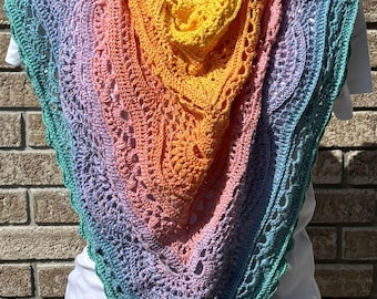Hand Crocheted Triangle Shawl | Lightweight Cotton Blend Wrap | Colorful Women's Shoulder Shawl | Handmade in Canada