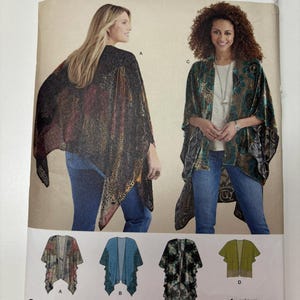 May include: Simplicity sewing pattern 8419 for a loose-fitting kimono-style wrap with an open front and asymmetrical hem. The envelope displays four variations of the garment in different patterns and colours, including floral and solid designs.