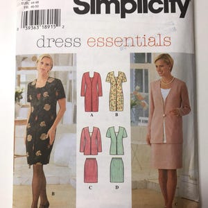 May include: Simplicity dress essentials sewing pattern. The pattern features illustrations of various dress and suit designs. The cover includes the text "dress essentials" and size information. The pattern includes English, French, and Spanish instructions.