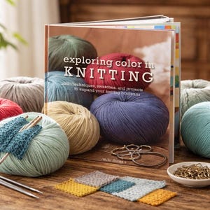 Op de afbeelding: Een boek getiteld "Exploring Color in Knitting" is omringd door kleurrijke bollen wol in rood, grijs, groen, blauw en geel. Breinaalden en een kleine lap zijn ook zichtbaar, wat wijst op een knutselthema.