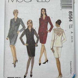 May include: McCall's sewing pattern 8564 featuring illustrations of women's suits. The pattern includes options for a gray suit, a black suit with patterned sleeves, a red suit, and a white suit with lace detailing. The pattern is labeled "PETITE-ABLE".