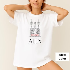 Peut inclure: T-shirt blanc avec un motif graphique comportant le nom "ALEX" en noir, sous un motif composé de mots liés à l'ingénierie électrique. Les mots sont disposés pour former une forme stylisée. Les mots "Electrical Engineer" sont en rouge.