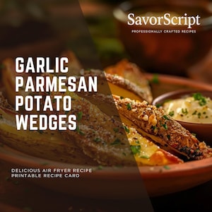 Receta de gajos de patata con parmesano y ajo en freidora de aire (PDF) + Alioli extra / Tarjeta de receta fácil para imprimir / Comida reconfortante / Comida rápida