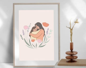 Mother Daughter Hug Print: Boho Floral Pastel Wall Art (Digital Download)