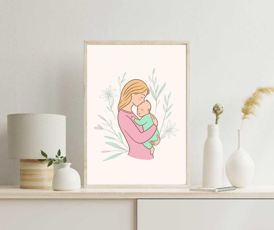 Mother and Baby Minimalist Wall Art – Boho Pastel Mother's Day Print ...