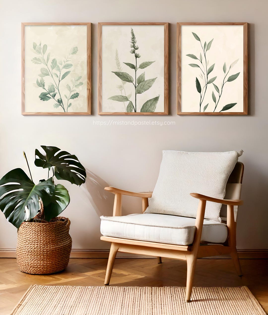Soft Botanical Wall Art Set of 3, Minimalist Sage Green Decor, Digital ...