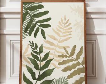 Arte murale con fronde di felce / Stampa botanica astratta minimalista verde / Decorazione naturalistica Japandi