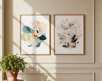 Boho Floral Wall Art Prints Set of 2: Minimalist Pastel Decor (Digital Download)