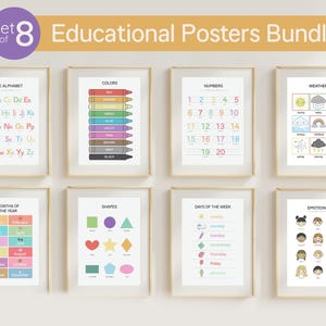 Lot de 8 affiches éducatives | alphabet, chiffres, couleurs, formes, jours, mois, météo et émotions art mural | Décoration Montessori imprimable