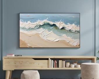 Beach Frame Tv Art, Summer Samsung Frame Tv Art, Abstract Ocean Waves Soft Blue, Seascape Painting Tv Art, neutral wall art, printable art