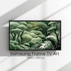Könnte beinhalten: Ein schwarz gerahmter Samsung Frame TV, der einen digitalen Kunstdruck anzeigt. Das Kunstwerk zeigt eine ruhige Landschaft mit stilisierten Bäumen, sanften Hügeln und fließendem Wasser in Grün- und Weißtönen. Der Text "Samsung Frame TV Art" und Auflösungsdetails sind sichtbar.