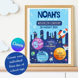 Regalo di ritorno a scuola spaziale, cartello personalizzato per il ritorno a scuola per bambini - modello per il primo giorno di scuola dell&#39;astronauta, download immediato, modello Canva