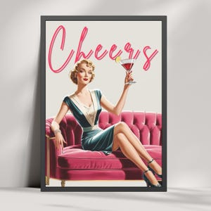 Cheers Martini Wall Art - Vintage Cocktail Glass Print - Retro Girly Aesthetic - Martini Lover gift - Bar Cart Wall Art - martini print