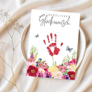 Cartão de feliz aniversário, mamãe - Impressão de mão de flor - Lembrança infantil faça você mesmo - Arte de impressão de mão - Inglês/Alemão - Vovó, você é a melhor
