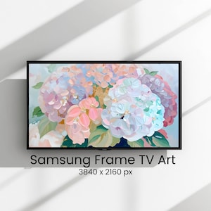 Könnte beinhalten: Ein Samsung Frame TV, der florale Kunst zeigt. Das Kunstwerk zeigt pastellfarbene Hortensien in Rosa, Blau und Grün. Der Fernseher steht vor einem weißen Hintergrund, mit dem Text "Samsung Frame TV Art" und der Auflösung darunter.