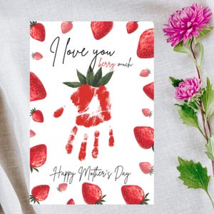 Empreinte de main de fraise, souvenir imprimable pour la fête des Mères, artisanat d'empreinte de main de grand-mère pour la fête des Mères, cadeau unique pour maman, cadeaux pour maman des enfants