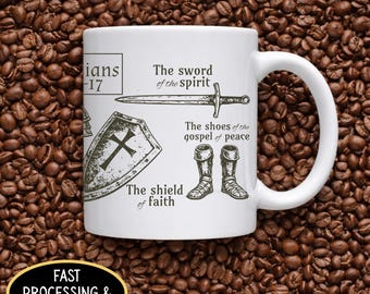 Taza de cerámica de la Armadura de Dios, Efesios 6, diseño vintage de las Escrituras cristianas, regalo de guerrero de oración.