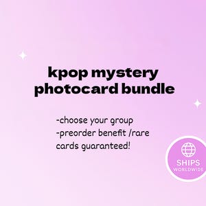 May include: A pink gradient background with the text "kpop mystery photocard bundle." Additional text includes "choose your group" and "preorder benefit / rare cards guaranteed!" A small cartoon octopus is at the top.