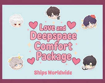 May include: A light blue graphic with the text "Love and Deepspace Comfort Package" in pink, surrounded by cartoon character heads and pink hearts. The background is light blue with a dark red border.