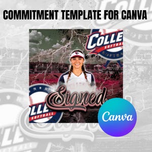 Può includere: Modello Canva per un annuncio di impegno nel softball. Il design presenta una donna sorridente in uniforme da softball, con la parola "Signed" in corsivo. Lo sfondo include fulmini e loghi di squadre.