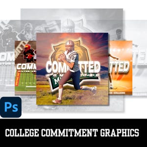 Puede incluir: Una plantilla de diseño gráfico digital para un anuncio de compromiso de fútbol universitario. El diseño presenta a un jugador de fútbol con un uniforme verde y blanco corriendo con la palabra "COMMITTED" en letras grandes. El fondo es una puesta de sol con un campo verde.