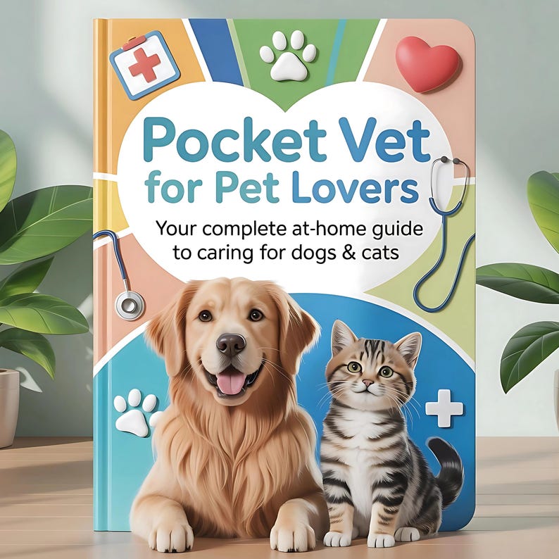 May include: A book titled "Pocket Vet for Pet Lovers" with a golden retriever and a tabby cat on the cover. The cover also features a stethoscope, paw prints, a red heart, and a medical cross symbol. The text reads "Your complete at-home guide to caring for dogs & cats."