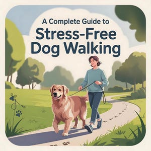 Op de afbeelding: Geïllustreerde boekomslag met de titel "A Complete Guide to Stress-Free Dog Walking". De afbeelding toont een persoon die een golden retriever uitlaat op een pad in een park. De achtergrond toont bomen en een blauwe lucht.