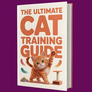 May include: A hardcover book titled "THE ULTIMATE CAT TRAINING GUIDE" with an orange tabby cat illustration on the cover. The cat is standing and raising a paw. Colorful feathers and a cat scratching post are also shown.