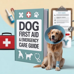 Puede incluir: Un golden retriever con un collarín y una venda azules está sentado junto a un libro "Dog First Aid & Emergency Care Guide". El libro es de color turquesa con texto blanco e iconos médicos. Un botiquín rojo y suministros médicos están en el fondo.