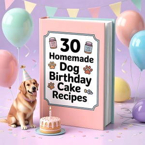 Può includere: Un libro di cucina rosa intitolato "30 ricette di torte di compleanno fatte in casa per cani" con un golden retriever con un cappello da festa. Una piccola torta con una candela accesa è davanti al libro. Palloncini pastello e coriandoli decorano lo sfondo.