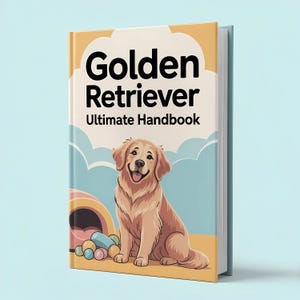 May include: A hardcover book titled "Golden Retriever Ultimate Handbook" features a cartoon illustration of a smiling golden retriever. The cover design includes a dog house, colorful balls, and a light blue background with cloud shapes.