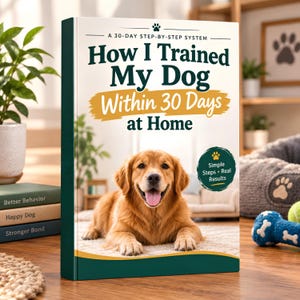 Op de afbeelding: Een boek getiteld How I Trained My Dog Within 30 Days at Home, met een golden retriever op de cover. De tekst bevat A 30-Day Step-By-Step System en een ronde badge met de tekst Simple Steps Real Results en een icoon van een pootafdruk.