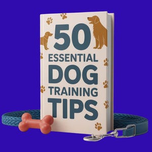 May include: A book titled "50 Essential Dog Training Tips" with illustrations of dogs on the cover. The book is cream colored with brown paw prints and blue text. A blue leash with a silver clip and a red bone are also in the image.