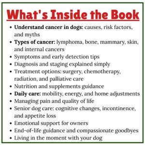 May include: A list of contents from a book, titled "What's Inside the Book", about canine cancer. Topics include causes, types, symptoms, diagnosis, treatment options, nutrition, daily care, pain management, senior dog care, emotional support, and end-of-life guidance.