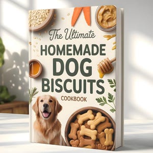 Può includere: Un libro di cucina intitolato "The Ultimate Homemade Dog Biscuits Cookbook" con un golden retriever in copertina. L'immagine mostra ingredienti come avena, carote, burro di arachidi e miele. È visibile anche una ciotola di legno con biscotti per cani a forma di osso.