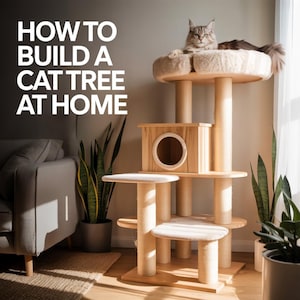 May include: A multi-tiered cat tree in light wood, with platforms, a hideaway box, and scratching posts. The text "HOW TO BUILD A CAT TREE AT HOME" is displayed in white. A fluffy cat is resting on the top level, with indoor plants in the background.