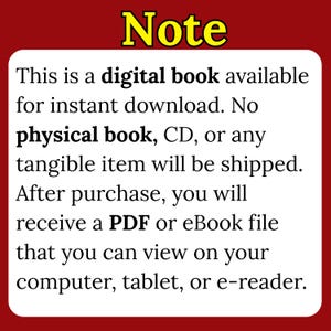 May include: A digital book announcement on a red background. The text reads "Note" in yellow, followed by details about instant download availability, no physical items, and PDF or eBook file access on various devices.