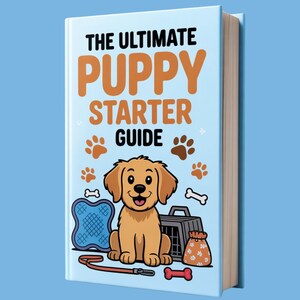 May include: A book titled "THE ULTIMATE PUPPY STARTER GUIDE" with a cartoon puppy illustration. The cover features a light blue background, paw prints, and images of a leash, dog bed, crate, and treat bag.