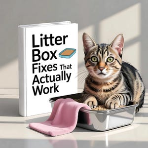 May include: A tabby cat sits in a stainless steel litter box with a pink towel. A book titled "Litter Box Fixes That Actually Work" stands behind the litter box. The cat has green eyes and is looking at the camera.