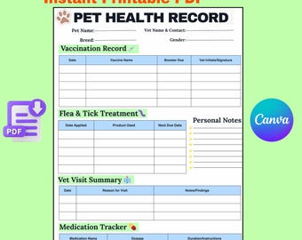 Pet Health Record Printable: Cat & Dog Medical Tracker (A4 PDF Download
