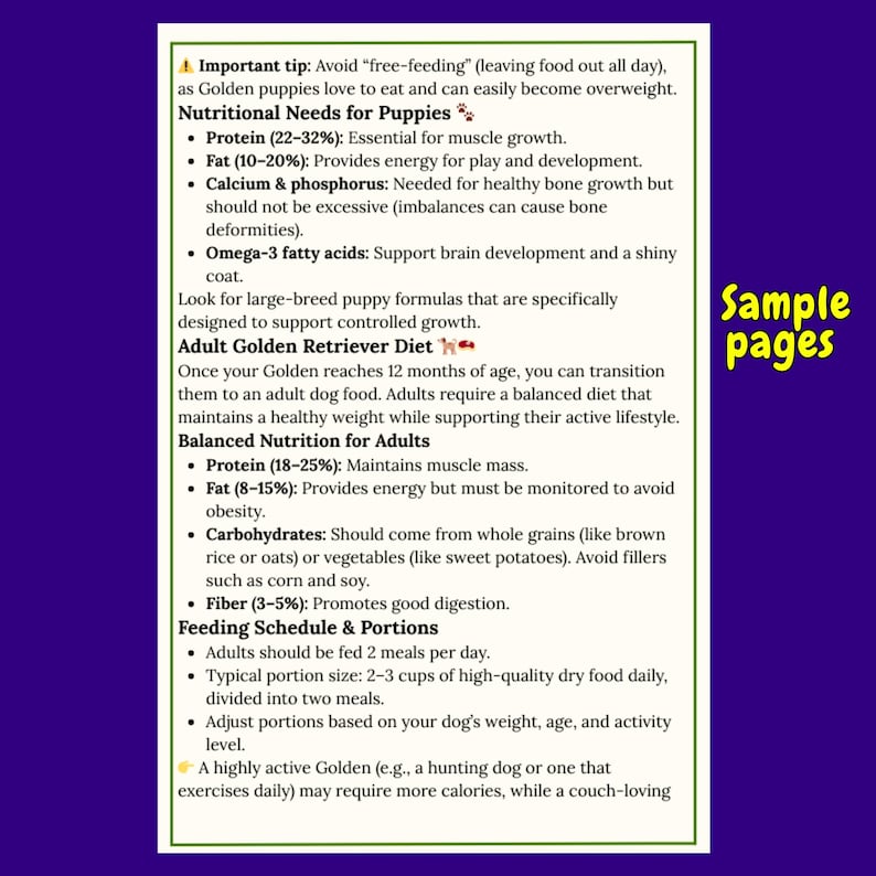 May include: A page from a guide on Golden Retriever nutrition, with text detailing puppy and adult dietary needs. The text includes percentages for protein, fat, and carbohydrates, and feeding guidelines. The words "Sample pages" are in the upper right corner.