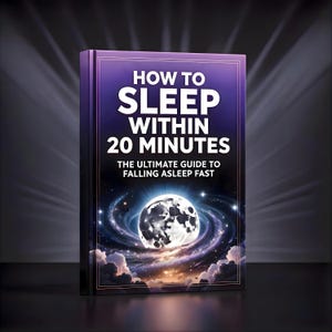 May include: A book titled "HOW TO SLEEP WITHIN 20 MINUTES" with the subtitle "THE ULTIMATE GUIDE TO FALLING ASLEEP FAST." The cover features a purple and blue galaxy design with a full moon and white text.